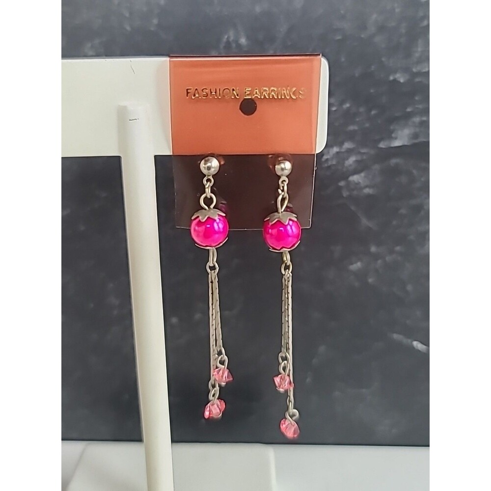 Korean Silver Tone Metal Pink Faux Pearl & Rhinestone Dangling Pierced Earrings
